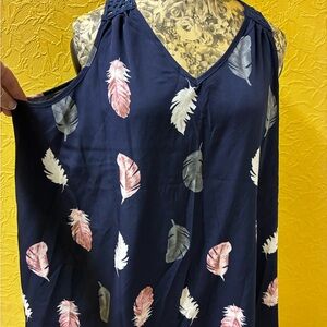 Navy Sleeveless Dress with Feather Print